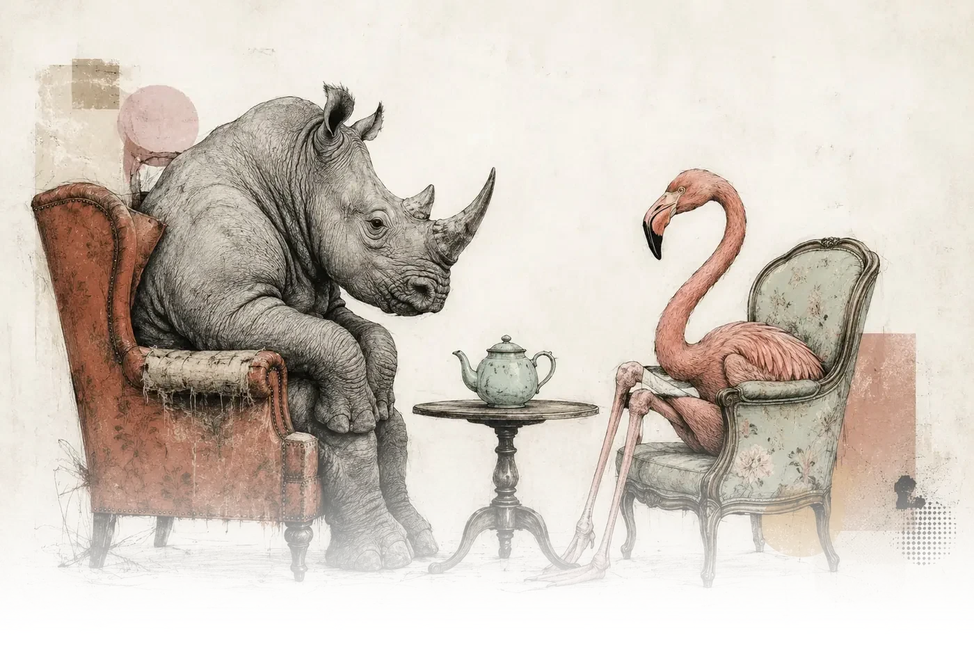 Illustration: Nashorn und Flamingo im Sessel beim Tee — Business und Persönliches am selben Tisch
